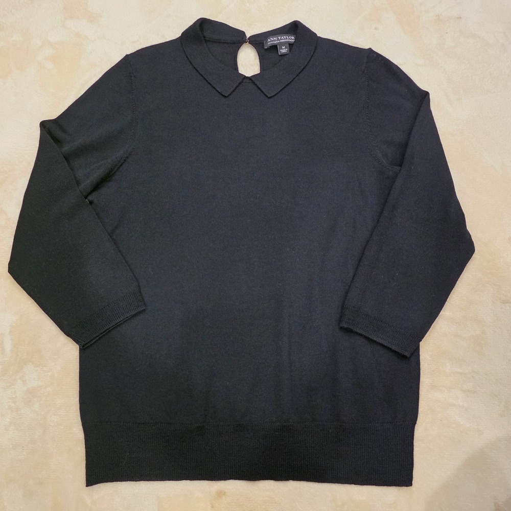 Ann Taylor 100% Extra Fine Italian Merino Wool Sweater Black Collared Keyhole M